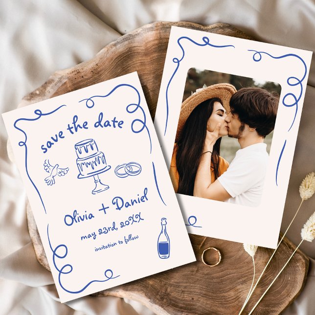 Whimsical Navy Blue Hand Drawn Wedding Photo Save The Date (Creator Uploaded)