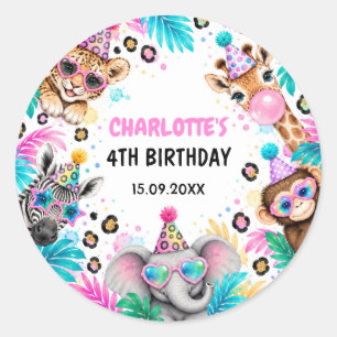 Whimsical Neon Safari Party Animals Girl Birthday Classic Round Sticker