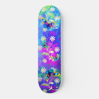Whimsical Neon Wonderland Flowers Butterflies Skateboard