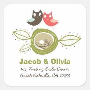 Whimsical Nesting Owl Family Baby Shower Address Square Sticker