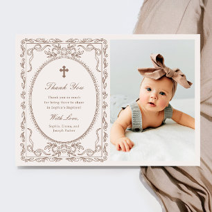 Whimsical Neutral Taupe Coquette Photo Baptism Thank You Card