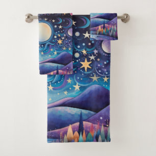 Whimsical Night Big Moon Landscape Bath Towel Set