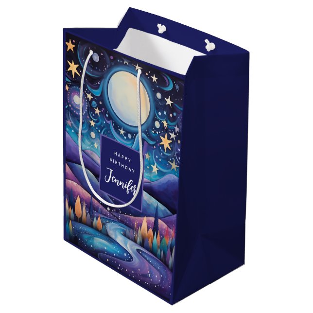 Whimsical Night Big Moon Landscape Birthday Medium Gift Bag (Back Angled)