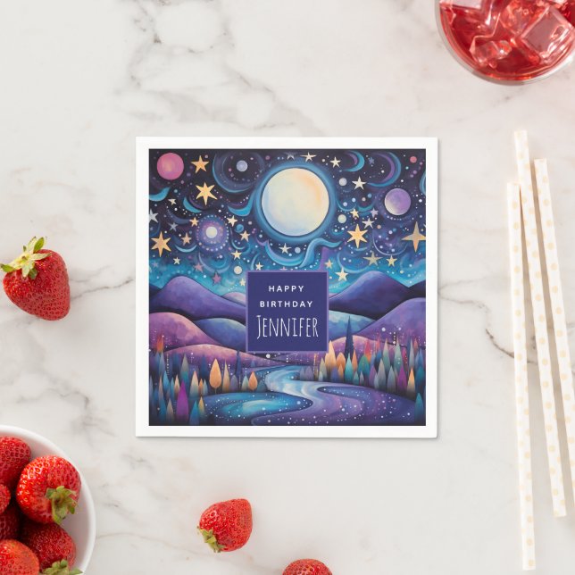 Whimsical Night Big Moon Landscape Birthday Napkin (Insitu)