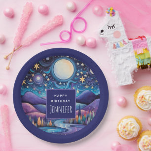 Whimsical Night Big Moon Landscape Birthday Paper Plate