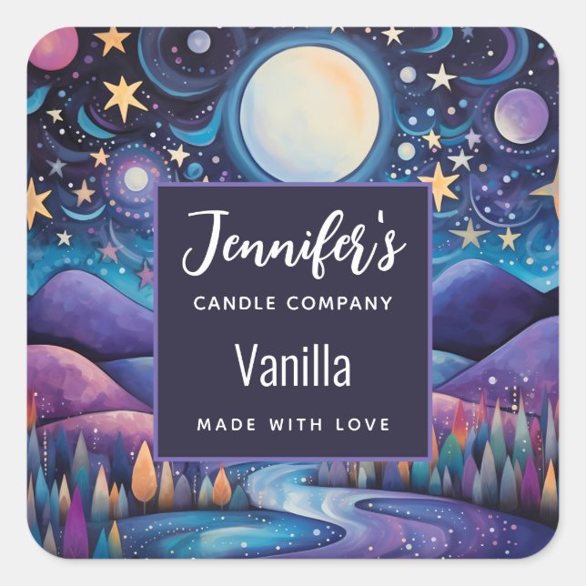 Whimsical Night Big Moon Landscape Candle Business Square Sticker (Front)
