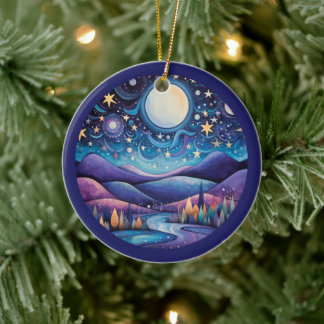 Whimsical Night Big Moon Landscape Ceramic Ornament
