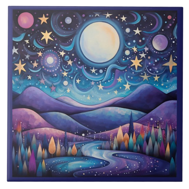 Whimsical Night Big Moon Landscape Ceramic Tile (Front)