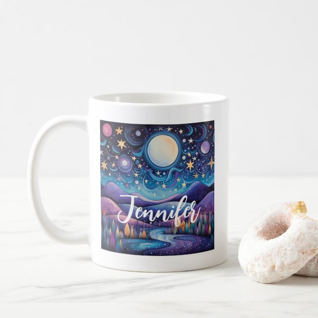 Whimsical Night Big Moon Landscape Coffee Mug (With Donut)