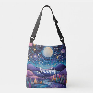 Whimsical Night Big Moon Landscape Crossbody Bag