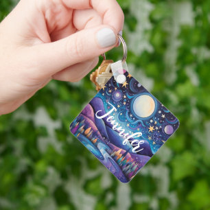 Whimsical Night Big Moon Landscape Key Ring