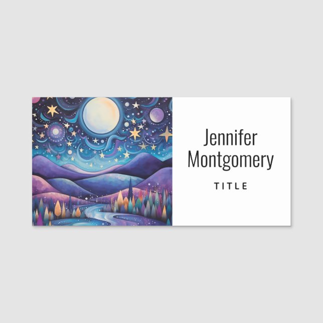 Whimsical Night Big Moon Landscape Name Tag (Front)