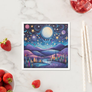 Whimsical Night Big Moon Landscape Napkin