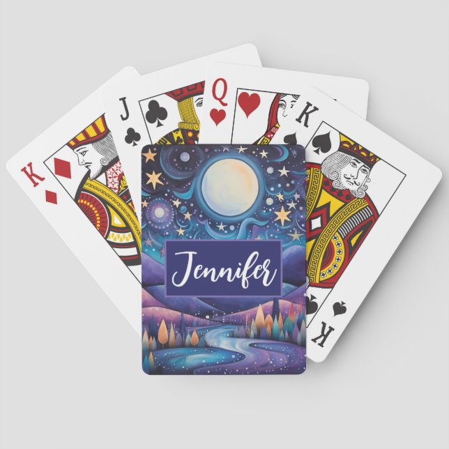 Whimsical Night Big Moon Landscape Playing Cards (Back)