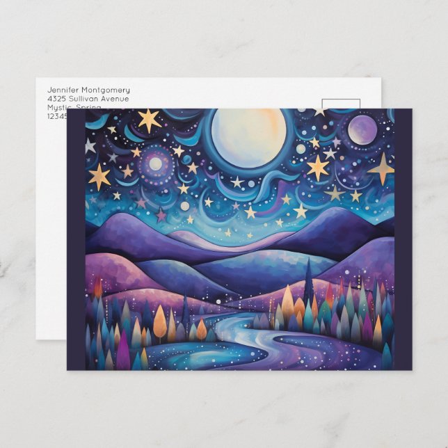 Whimsical Night Big Moon Landscape Postcard (Front/Back)