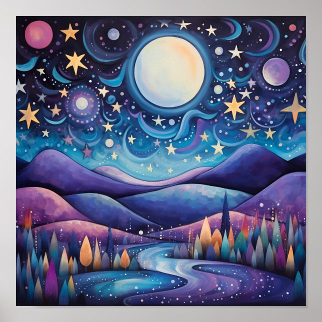 Whimsical Night Big Moon Landscape Poster (Front)