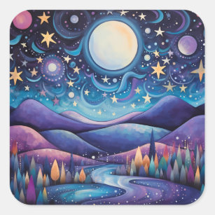 Whimsical Night Big Moon Landscape Square Sticker