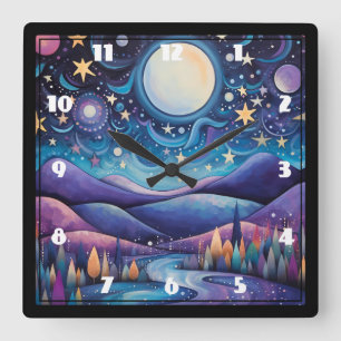 Whimsical Night Big Moon Landscape Square Wall Clock