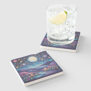 Whimsical Night Big Moon Landscape Stone Coaster