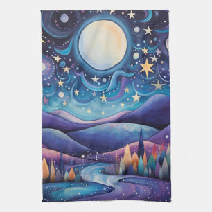 Whimsical Night Big Moon Landscape Tea Towel