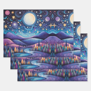 Whimsical Night Big Moon Landscape Wrapping Paper Sheet