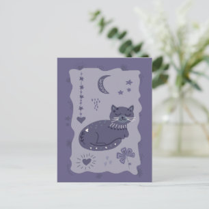 Whimsical Night Cat Folk Art Postcard