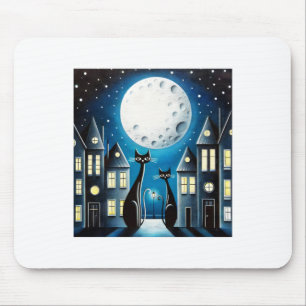 Whimsical Night City Town Scene With Two Black Cat Mouse Pad