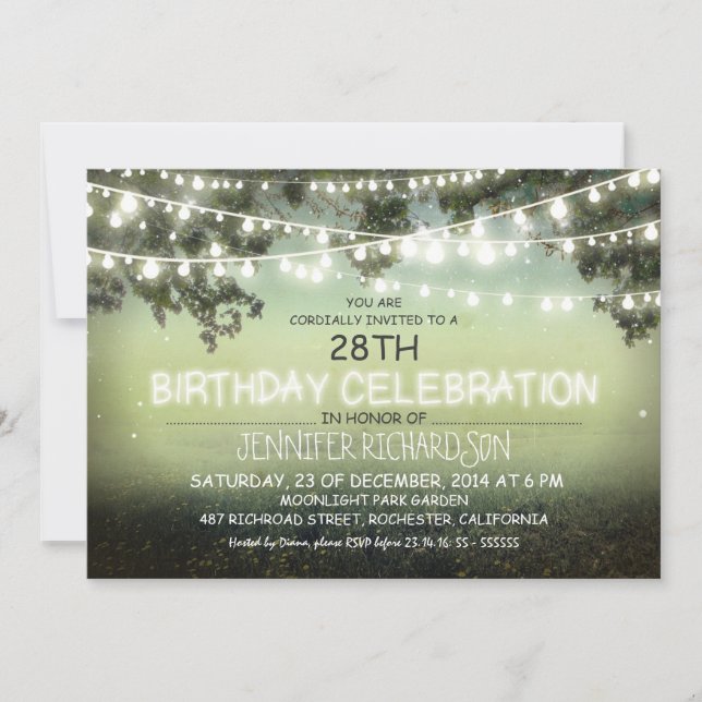 whimsical night & garden lights birthday invites (Front)