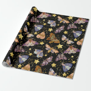 Whimsical Night Moth Butterflies Faux Gold Stars  Wrapping Paper