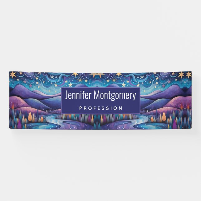 Whimsical Night Mountains and Trees Landscape Banner (Horizontal)