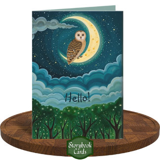 Whimsical Night Sky Owl Crescent Moon Drawing Card