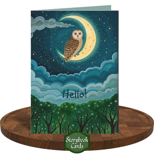Whimsical Night Sky Owl Crescent Moon Drawing Card (Creator Uploaded)