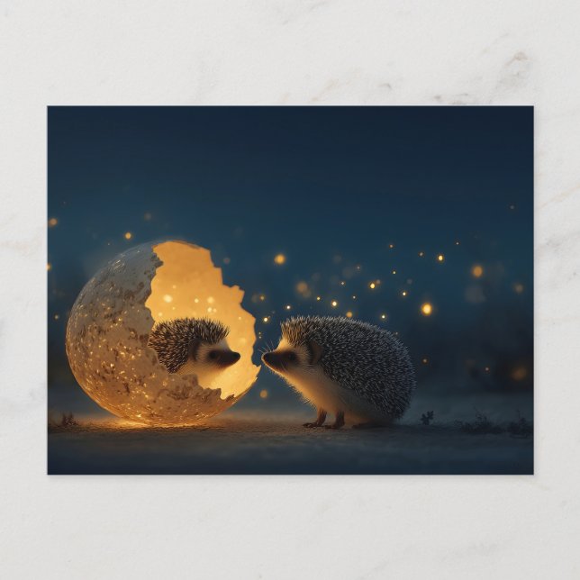 Whimsical Nighttime Scene of Two Hedgehogs Postcard (Front)