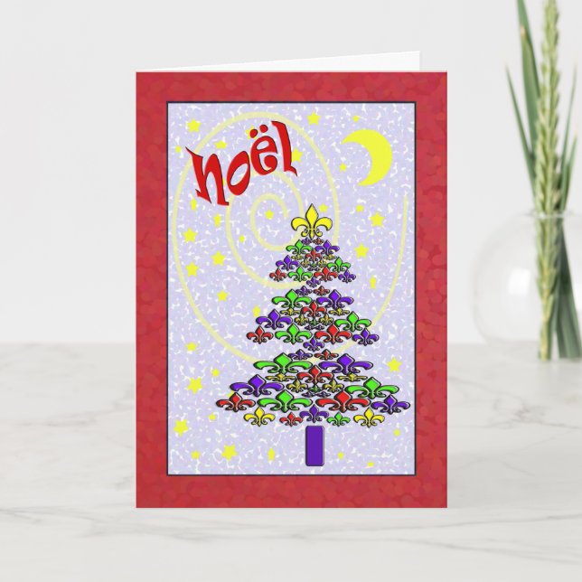 Whimsical Noel Fleur de Lis Christmas Tree Holiday Card (Front)