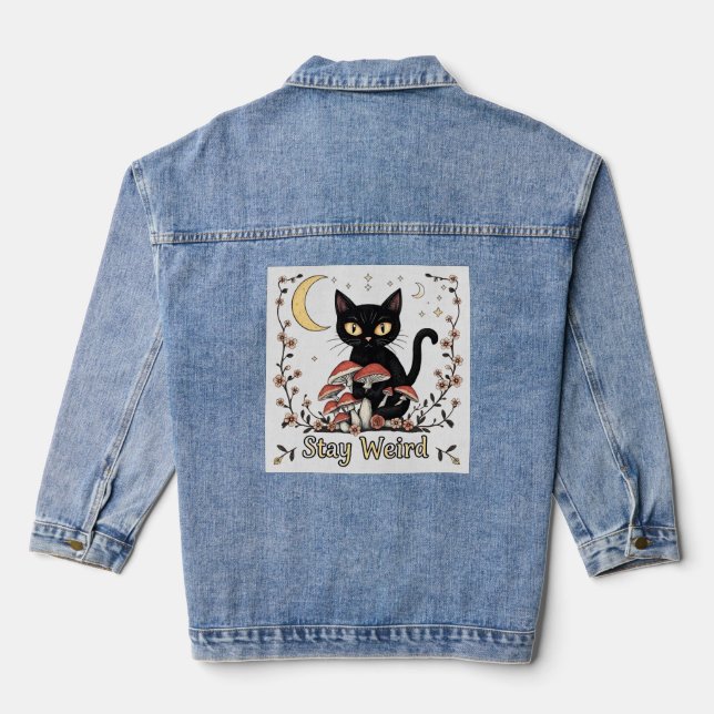 Whimsical noir cat framed by red mushrooms and pal denim jacket (Back)