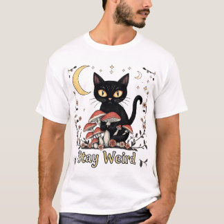 Whimsical noir cat framed by red mushrooms and pal T-Shirt