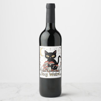 Whimsical noir cat framed by red mushrooms and pal wine label
