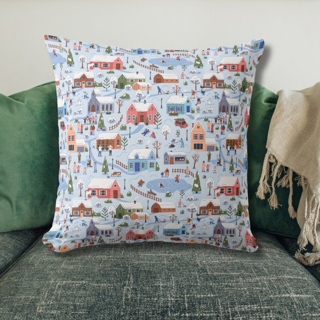 Whimsical Nordic Hygge Christmas Village Pastel  Cushion (Nordic Christmas Village Throw Pillow Pastel)