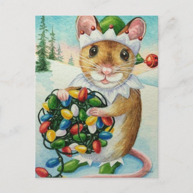 Whimsical North Pole Elf Mouse Watercolor Art Postcard (Front)