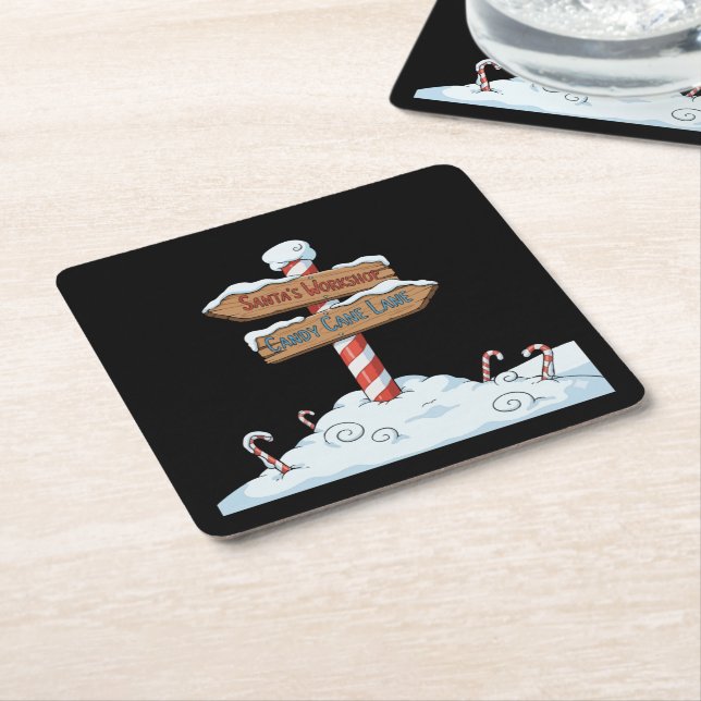 Whimsical North Pole Sign Santa's Workshop & Candy Square Paper Coaster (Angled)
