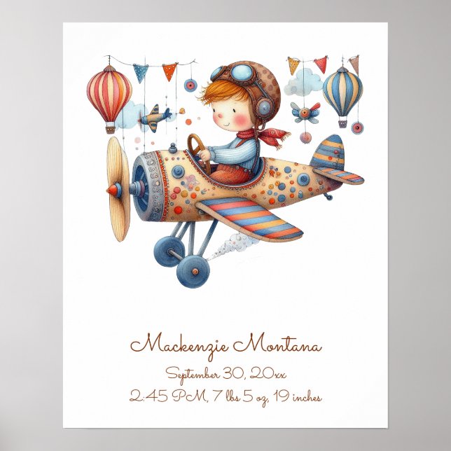 Whimsical Nursery Art Child and Plane Personalise Poster (Front)