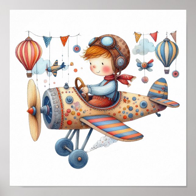 Whimsical Nursery Art Child Flying Old Aeroplane Poster (Front)