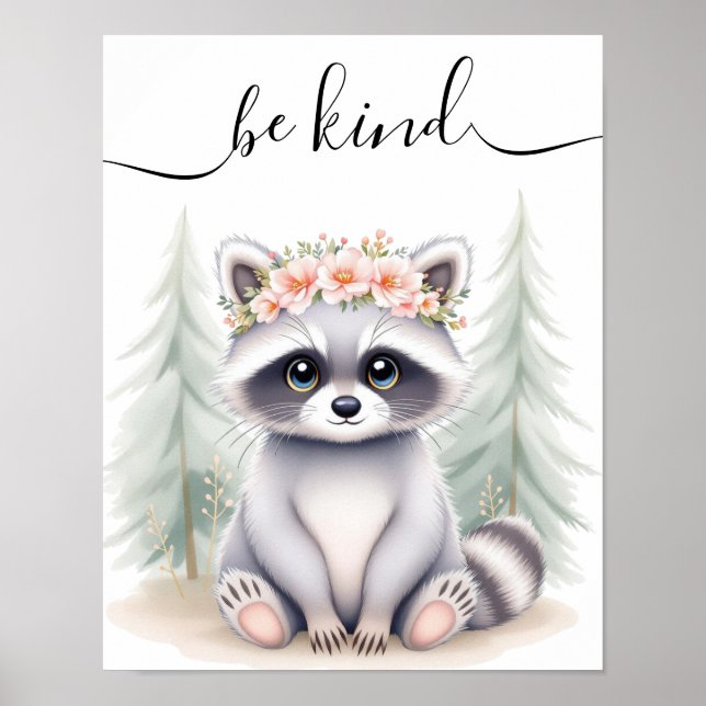 Whimsical Nursery Watercolor Baby Racoon Woodland Poster (Front)