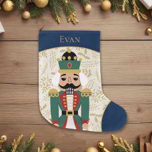 Whimsical Nutcracker Blue and Beige Large Christmas Stocking