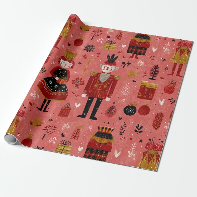 Whimsical Nutcracker Holiday Pattern Wrapping Paper (Unrolled)