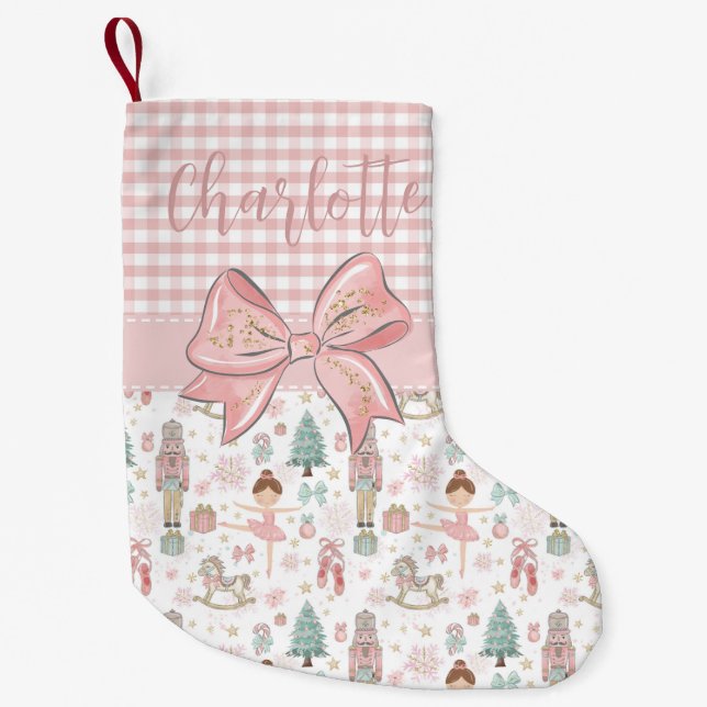 Whimsical Nutcracker Pastel Pink Christmas Ballet Small Christmas Stocking (Front)