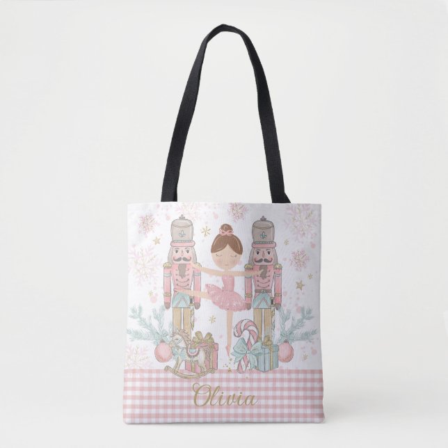 Whimsical Nutcracker Pastel Pink Christmas Ballet Tote Bag (Front)
