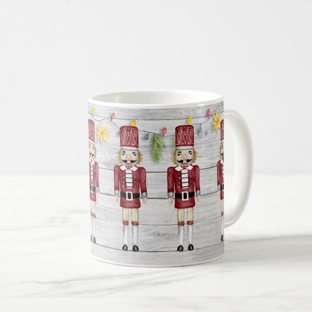 Whimsical Nutcrackers-Lights Garland on Barnboards Coffee Mug (Front Right)