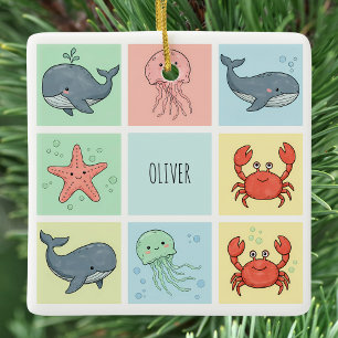 Whimsical Ocean Friends Doodles Ceramic Ornament