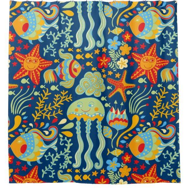Whimsical Ocean of Fish and Kelp Shower Curtain (Front)